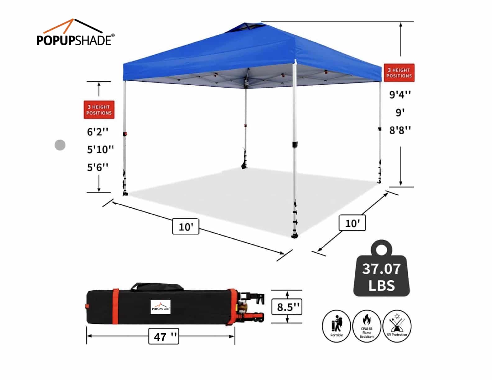 10'x10' POPUP-SHADE Recreational Instant Canopy
